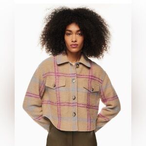 Aritzia M Wilfred Ganna Beige Pink Cropped Shirt Jacket Plaid Wool Women’s 8-10